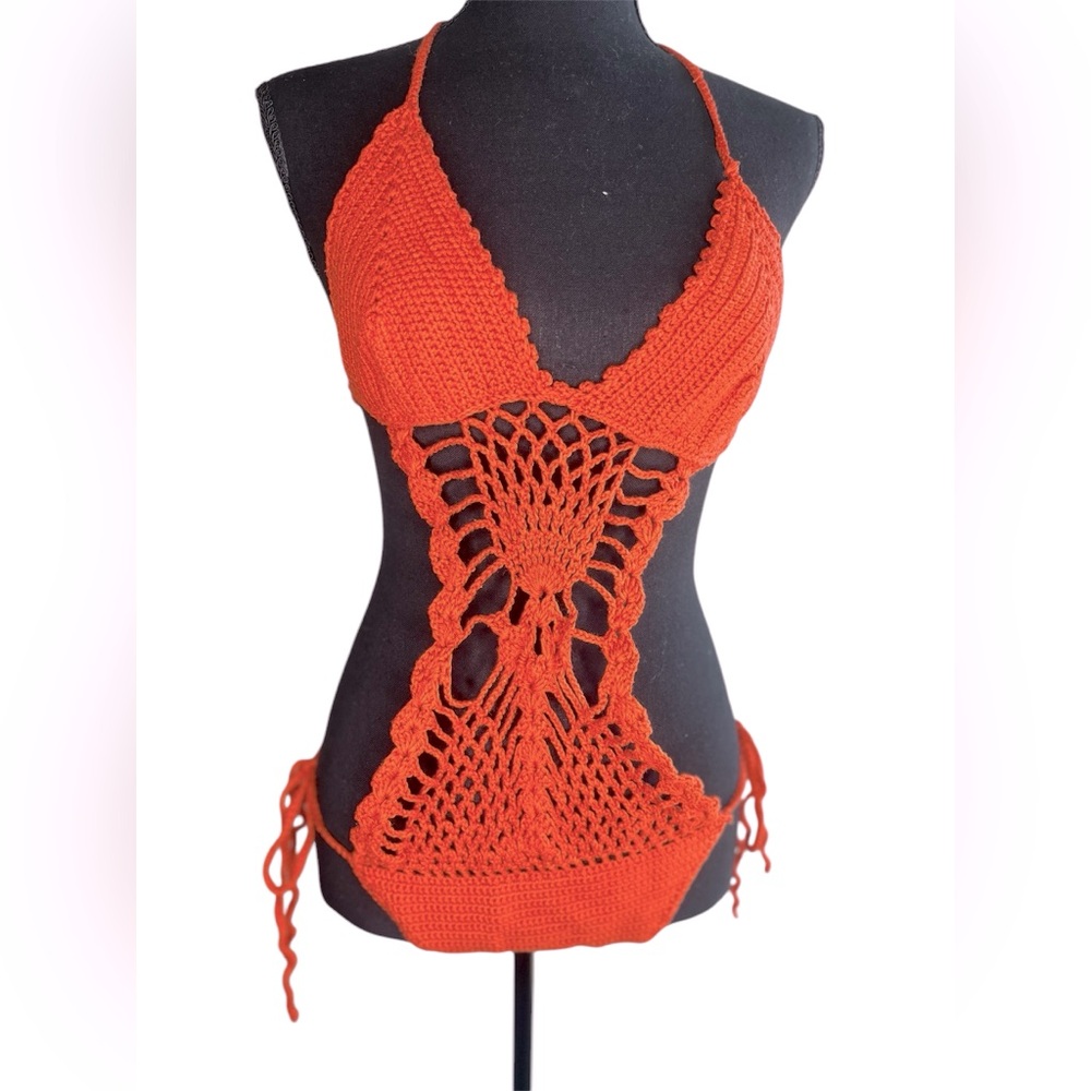 Burnt Orange Handmade Crochet Monokini One Piece Tie Up Swimsuit Size Small